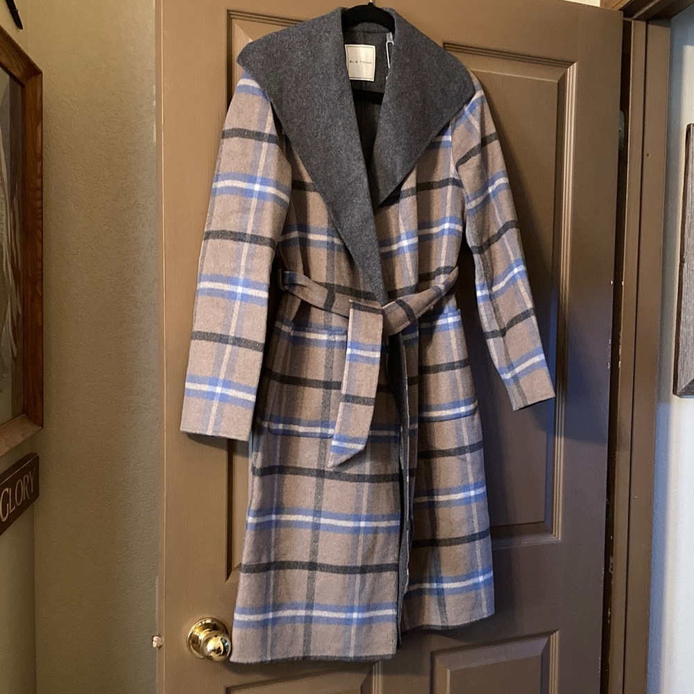 Elie Tahari Cathedral/Mirage Blue Wallace Plaid Long Belted Coat NWT - Picture 1 of 6